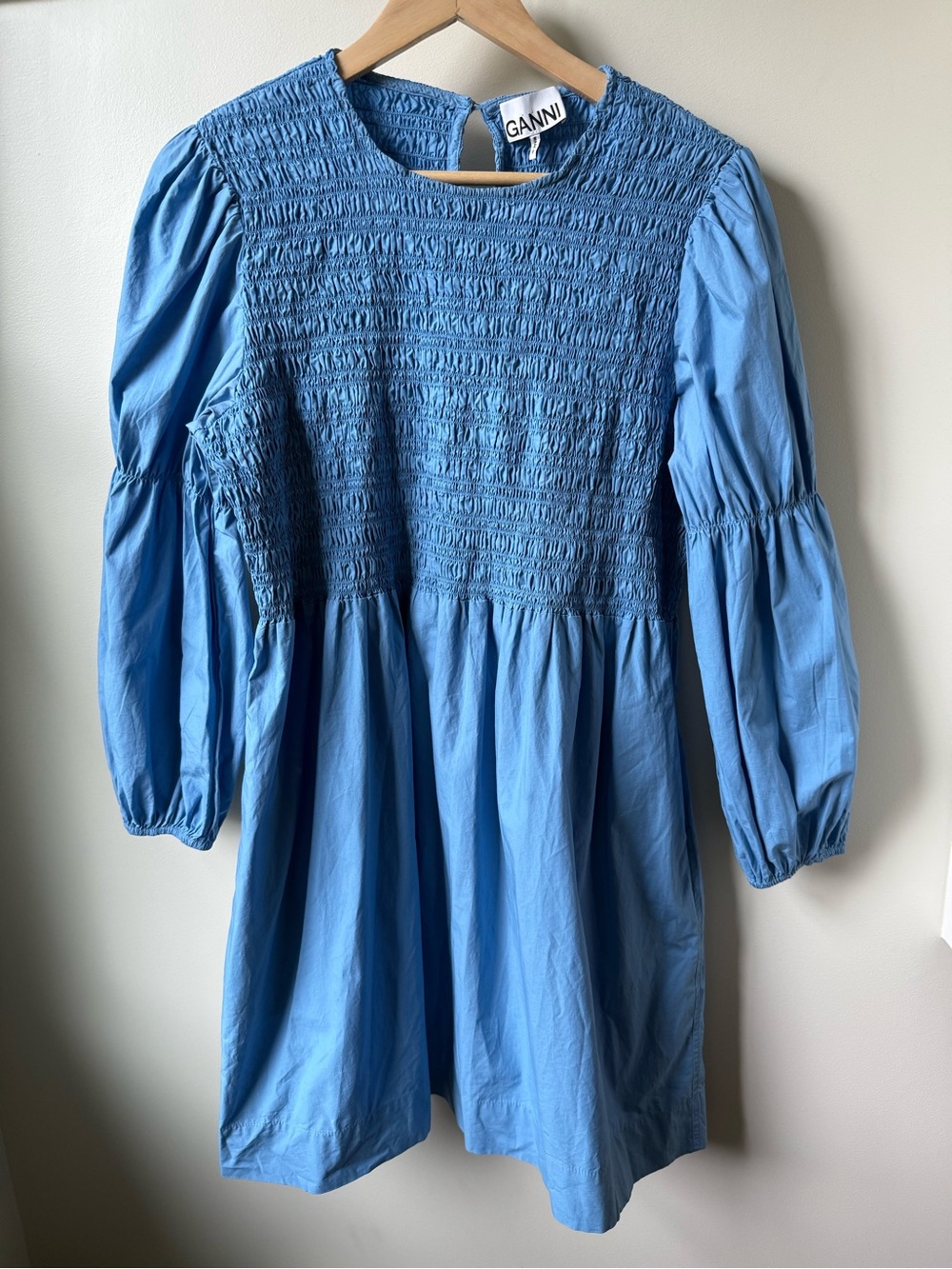 GANNI Smocked Puffed Sleeve Mini Dress Orgsnic Cotton Cottagecore Poplin Blue 8
